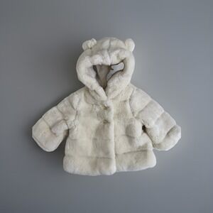 Baby Gap Faux Fur Teddy Coat Cream Hooded Bear Ears 0–6 Months Warm Jacket